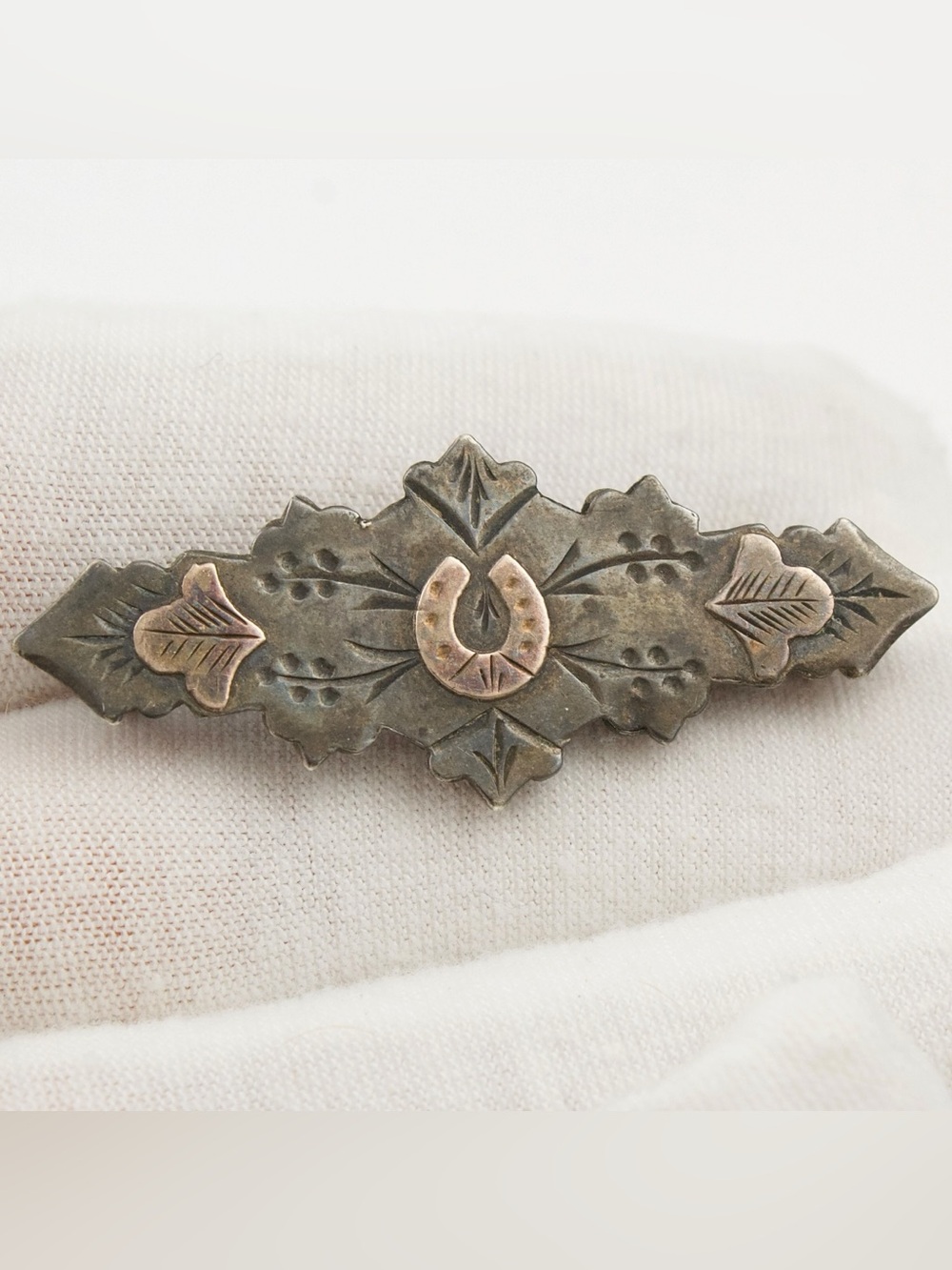 Antique Victorian Sterling Silver Sweetheart Brooch with Horseshoe and Ivy Leaf